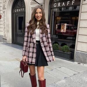 Zara Blogger Black Red Tweed Plaid Double Breasted Blazer.